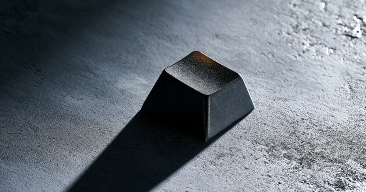 Macro photograph of a single dark keycap casting a long shadow across a concrete surface