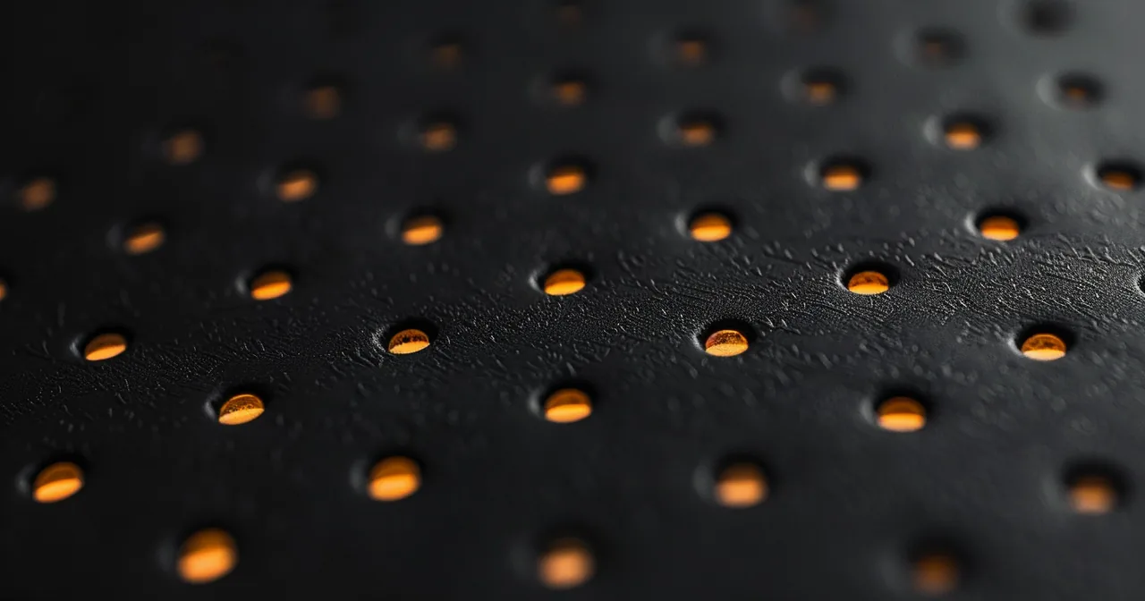 Macro photograph of raised braille-like dots embossed on a dark surface
