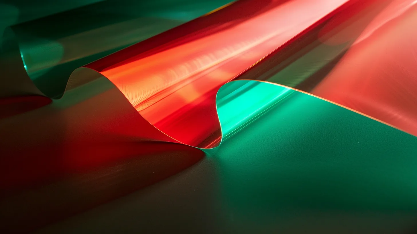 Macro photograph of two sheets of red and green colored gel film curling over each other