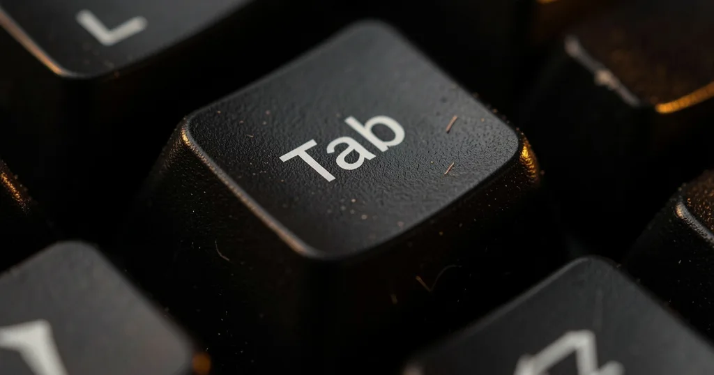 Macro photograph of a keyboard's Tab key lit in warm amber, isolated against the dark surrounding keys