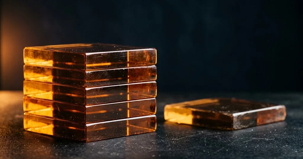 Five amber glass slabs stacked square, with a sixth lying apart on the same surface