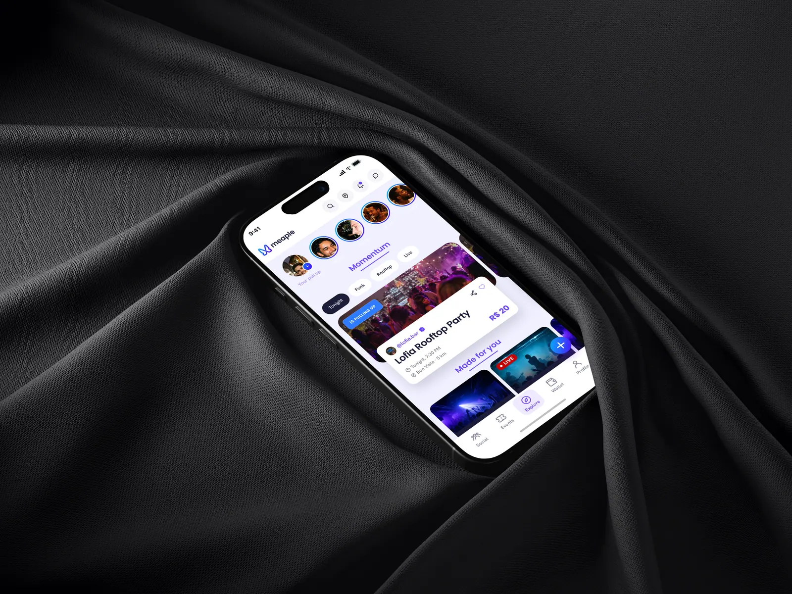 Meaple app on a phone resting on dark fabric