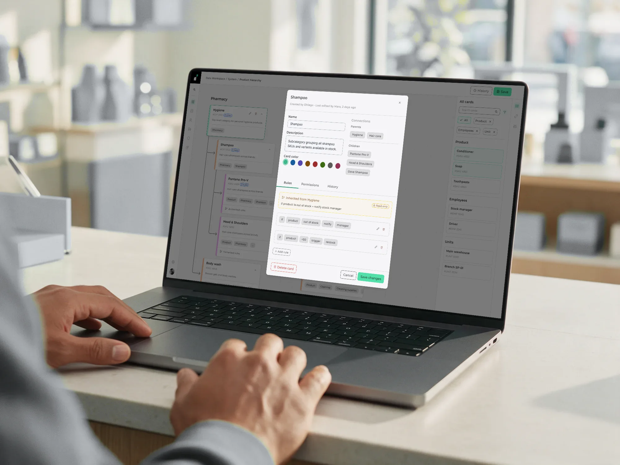 A manager editing a card's rules in Instivo on a laptop
