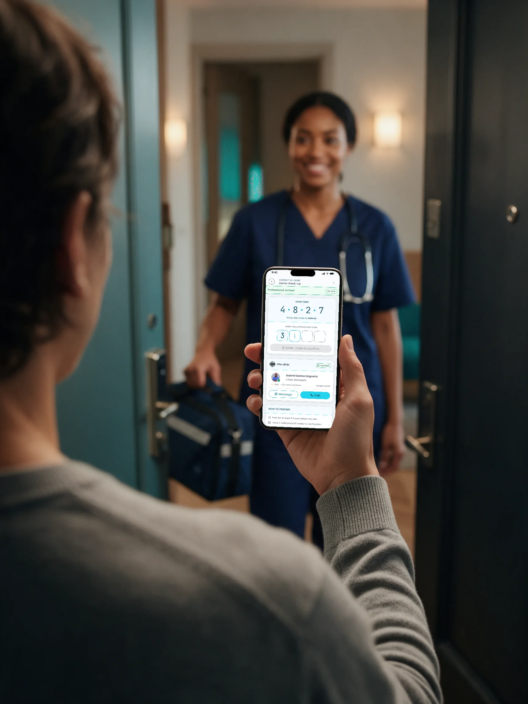 A patient at the door checks the professional's code on the MedMe app