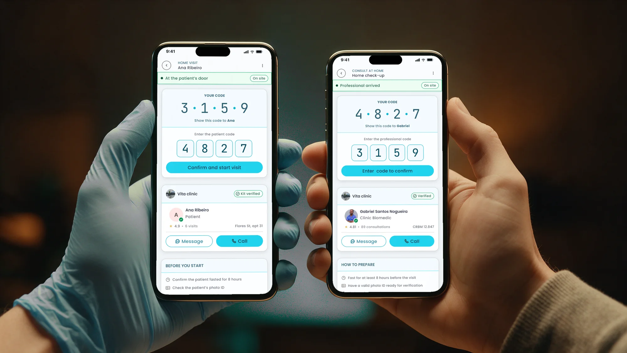 A gloved professional and a patient each holding a phone, each entering the other's code