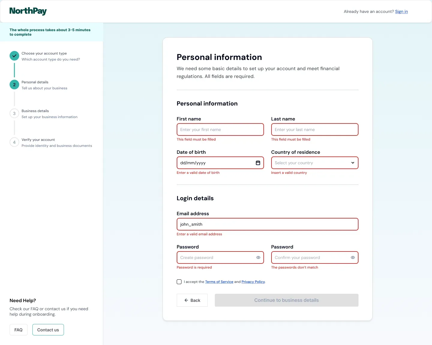 Personal details form showing inline validation errors