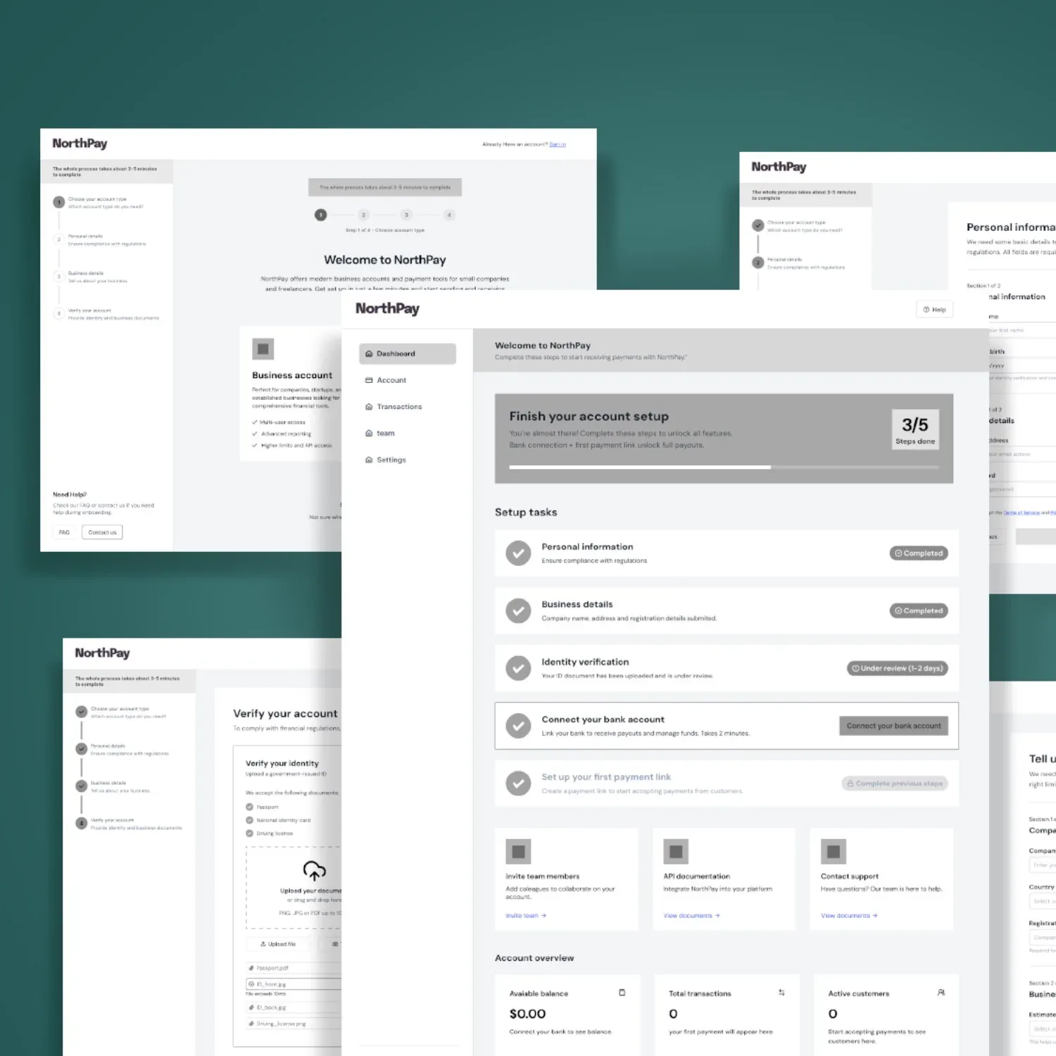 Low-fidelity wireframes of the onboarding steps
