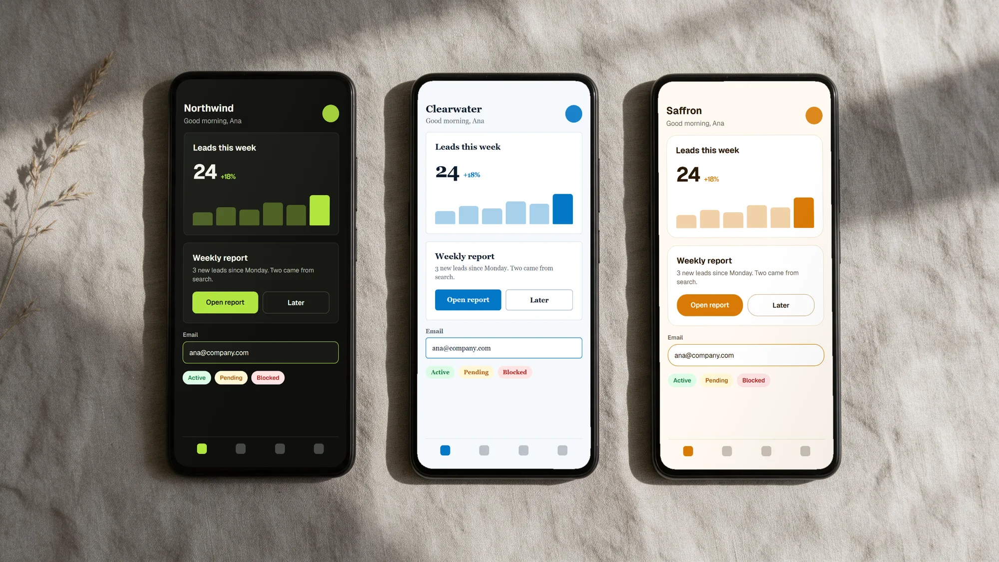 Three phones showing the same app in three different brands