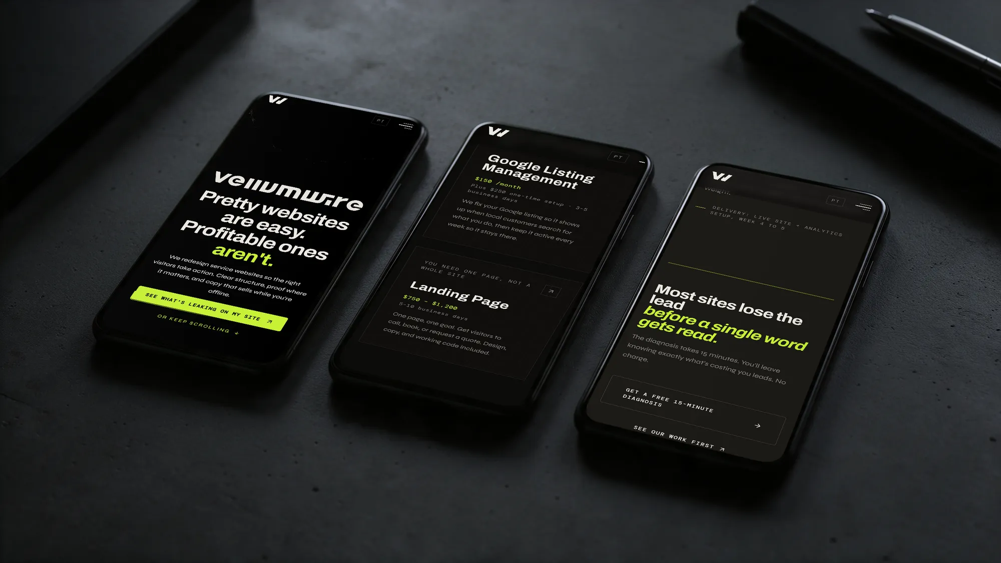 Three phones showing the Vellumwire hero, pricing and the free diagnosis offer