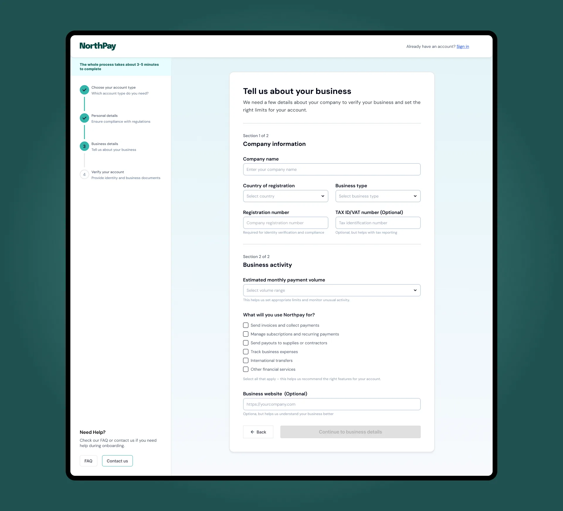 Business details screen