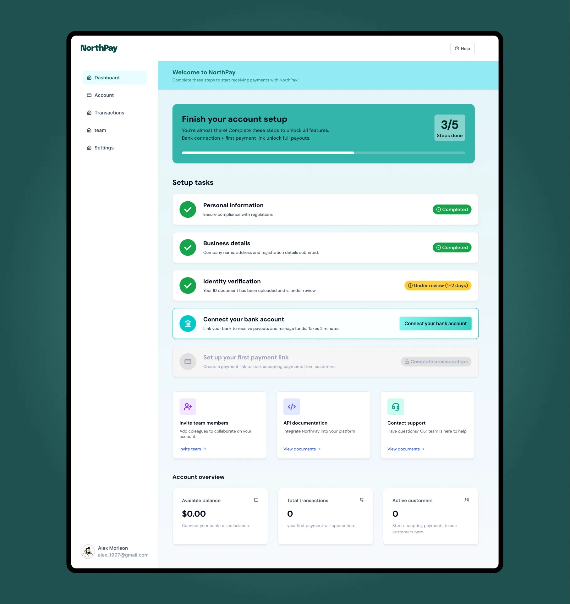 NorthPay first dashboard, setup checklist and account status