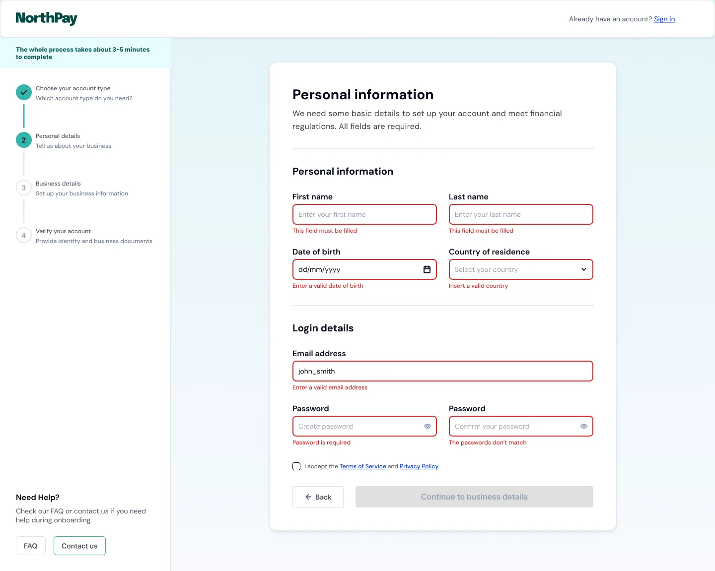 Personal details form with inline validation errors