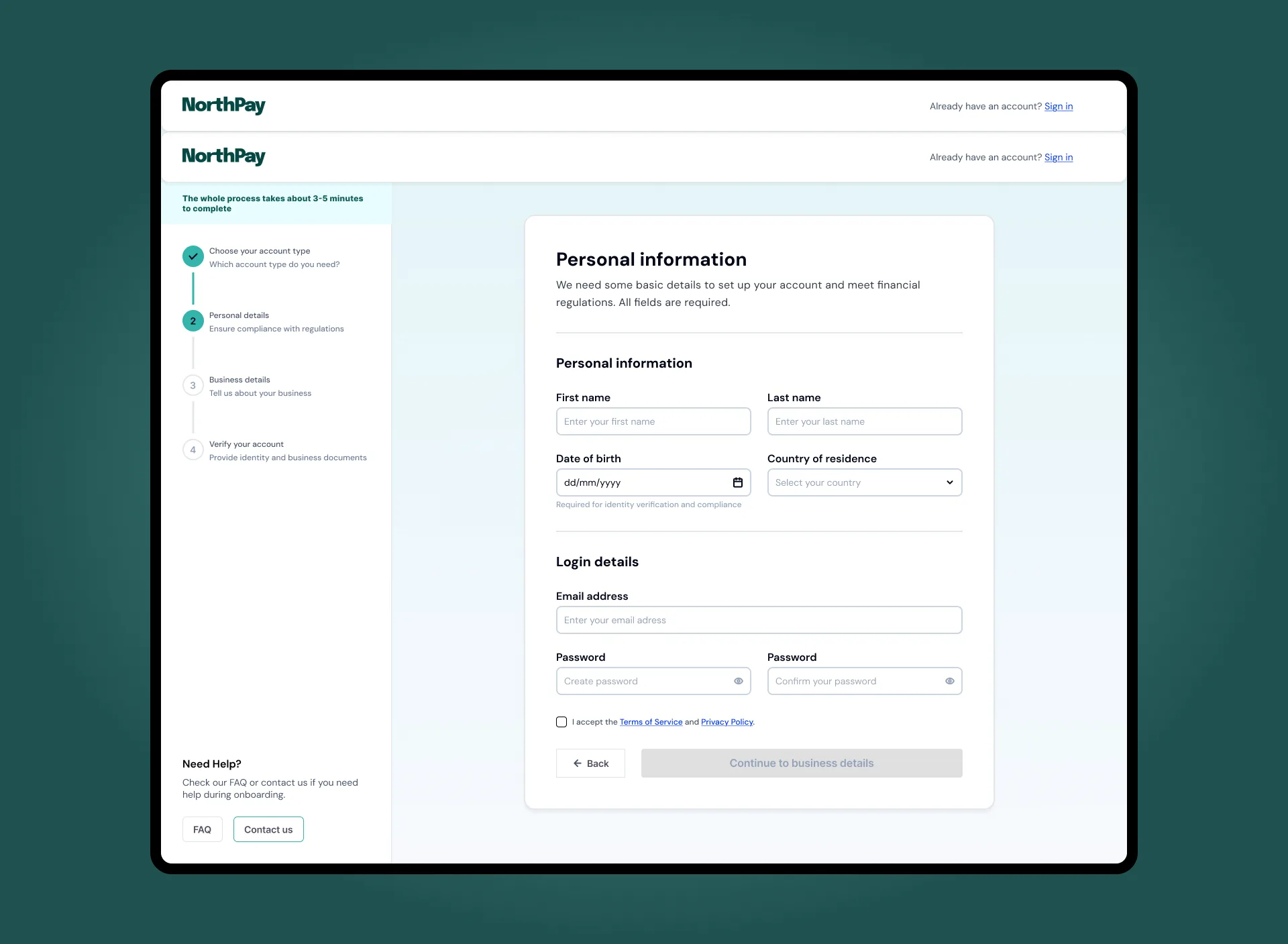 Personal details screen