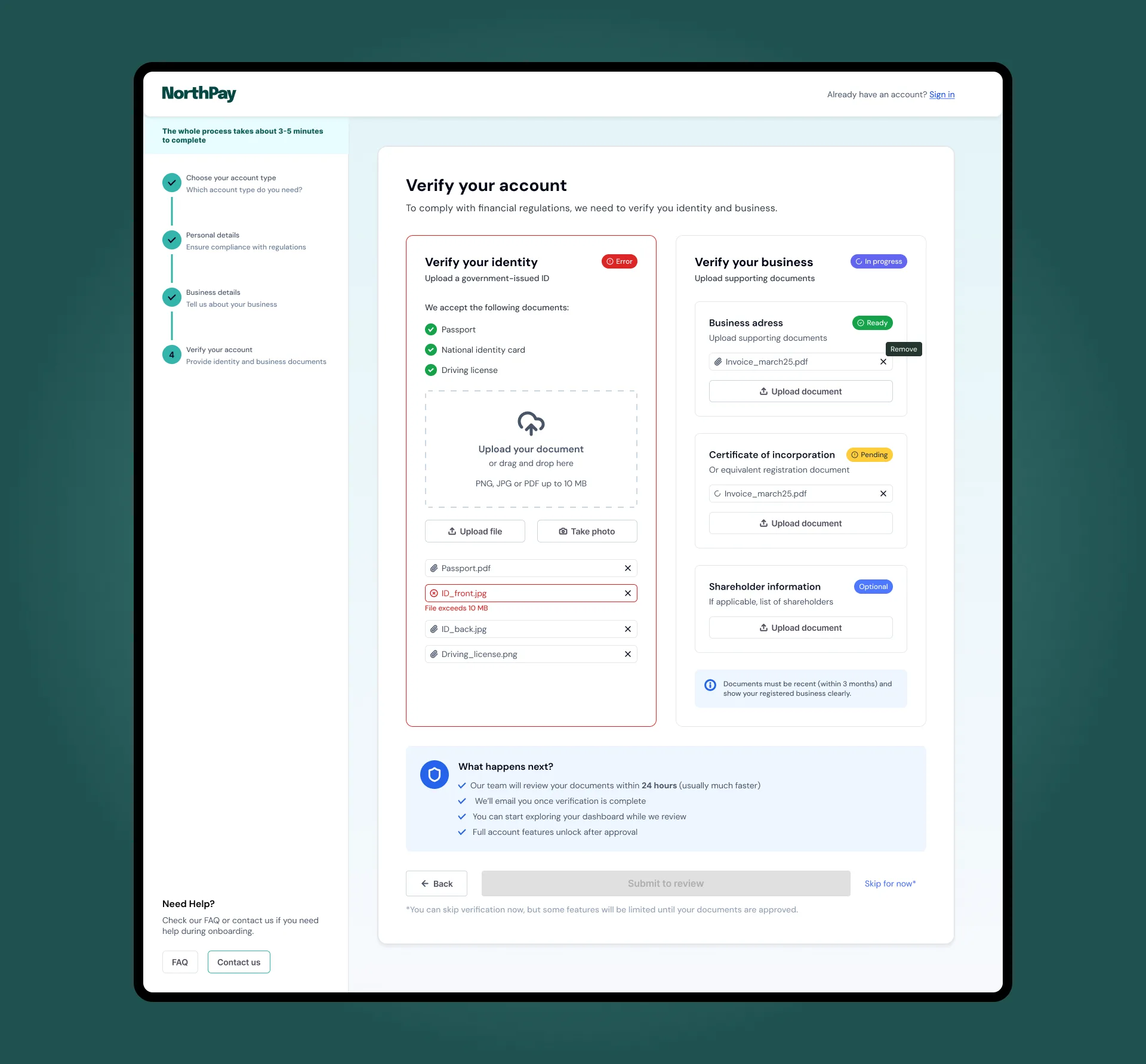 Verify your account screen