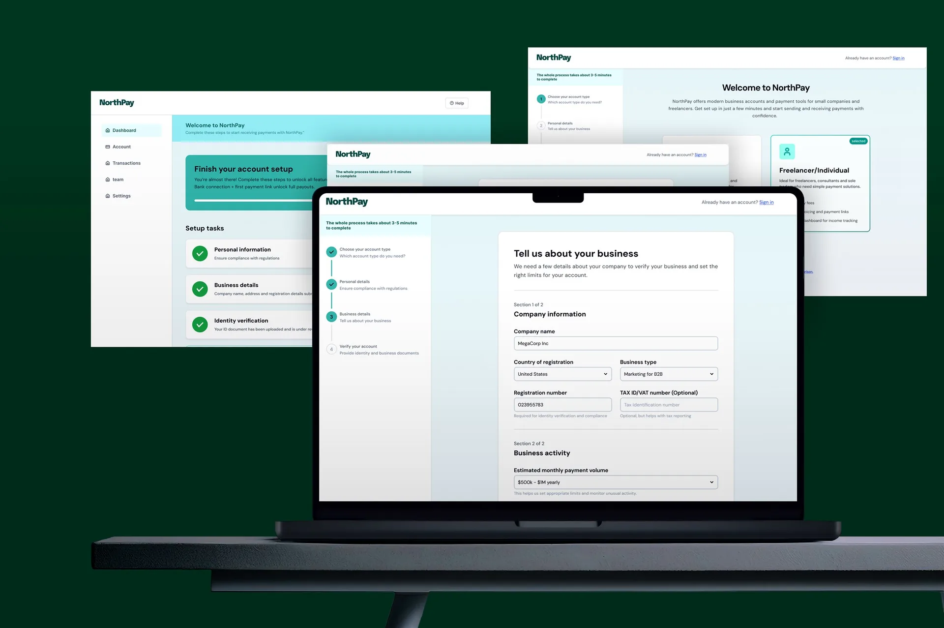 NorthPay onboarding mockups showing account selection and verification screens