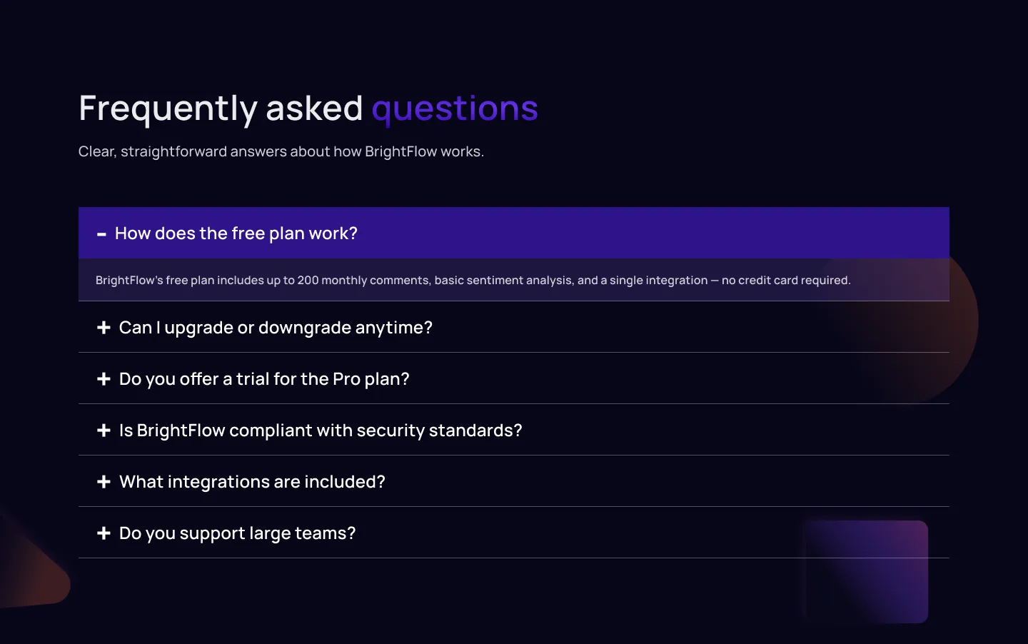 BrightFlow FAQ section covering data ownership and integration limits