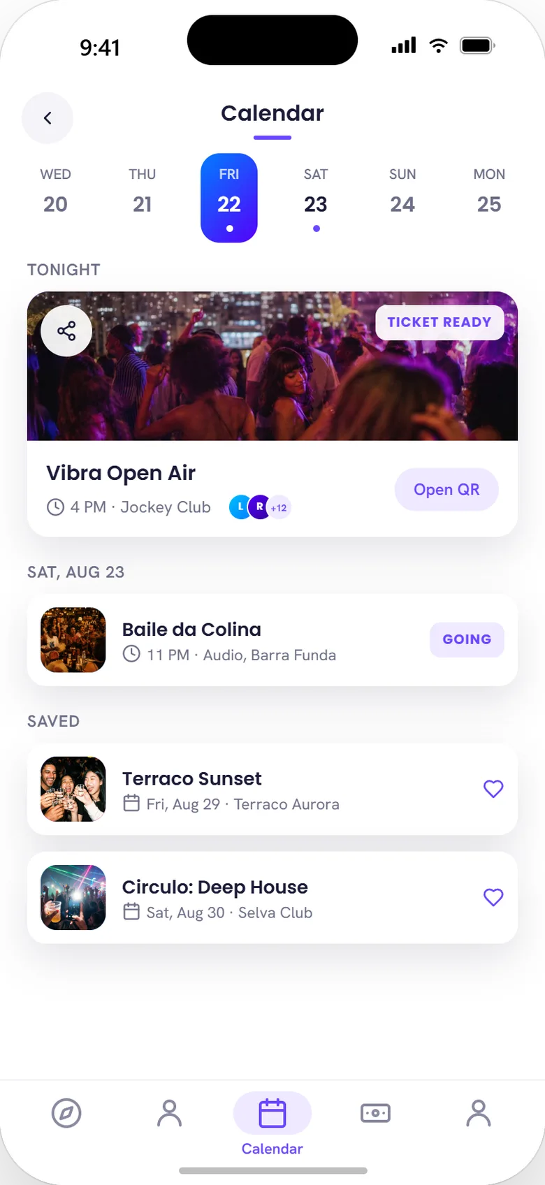 Calendar tab: upcoming and saved events