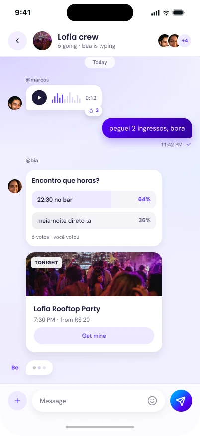 Chat do grupo: áudio, enquete ao vivo para horário de encontro, e card de evento compartilhado com botão de compra