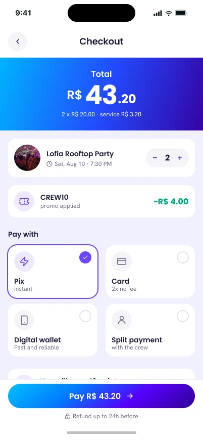 Checkout: quantidade, cupom promocional, Pix / cartão / carteira digital / rateio, pontos de fidelidade