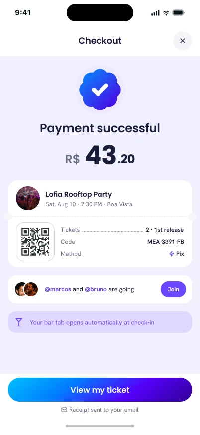 Pagamento aprovado: ingresso em QR code, código do ingresso, amigos já confirmados, comanda abre automaticamente