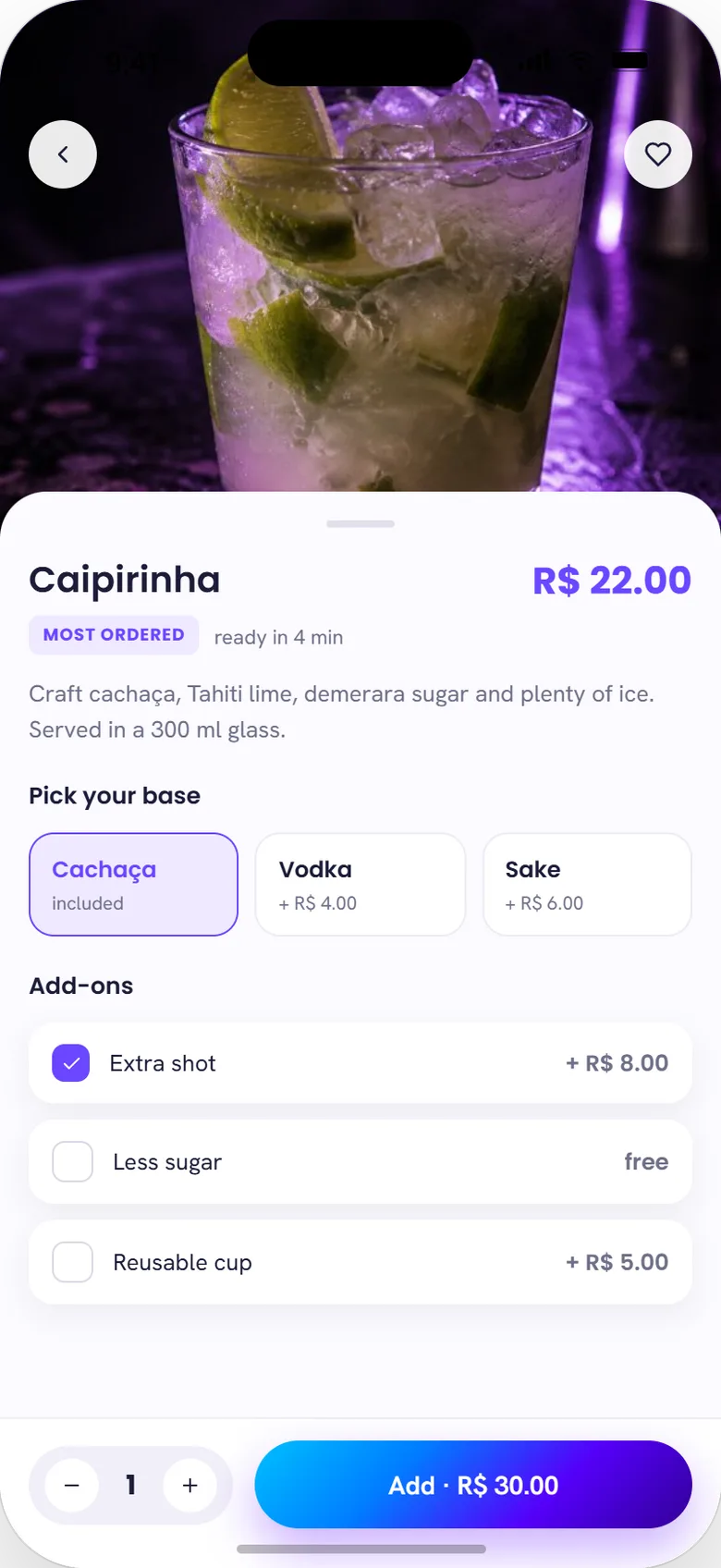 Item detail: caipirinha, base spirit and add-ons