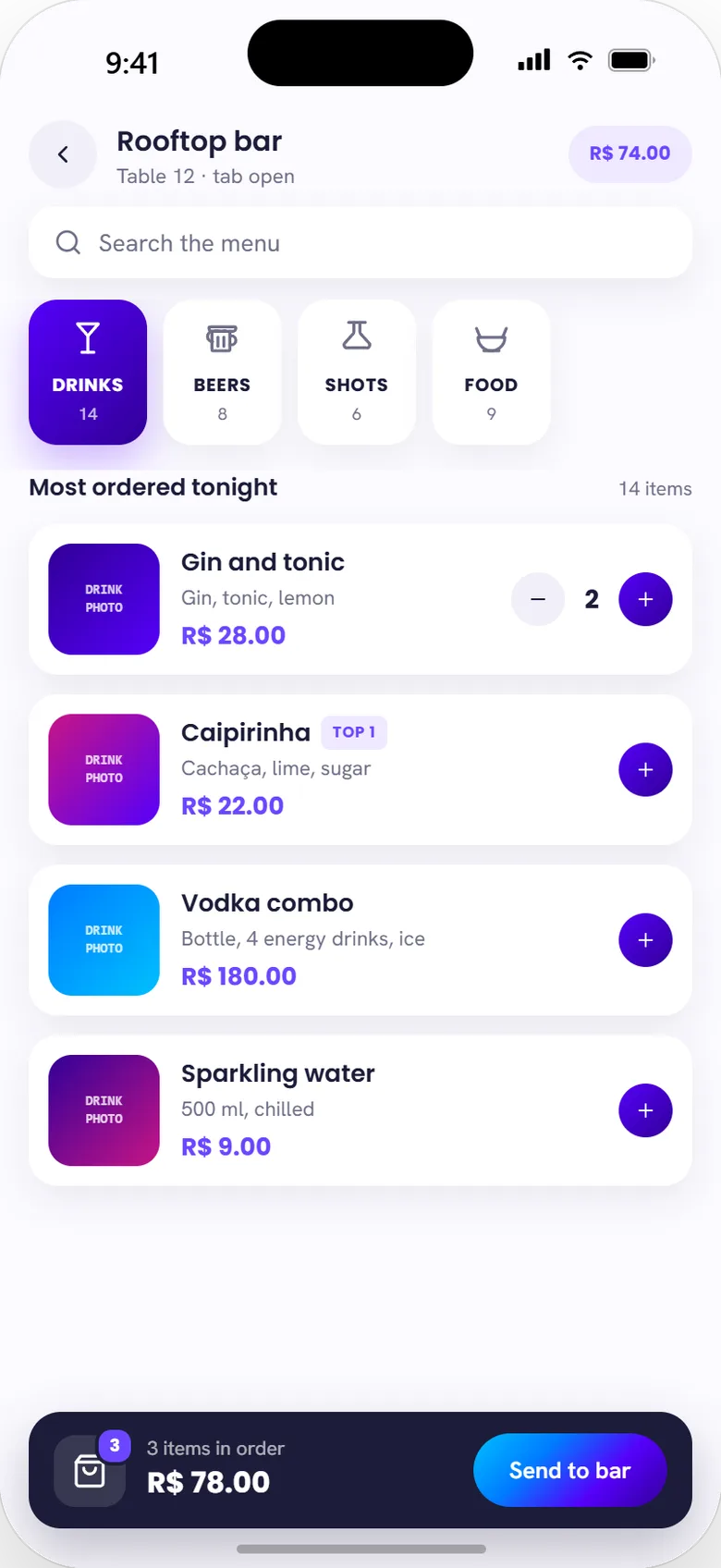Bar menu: drinks, beers, shots, food, tap to add to the order
