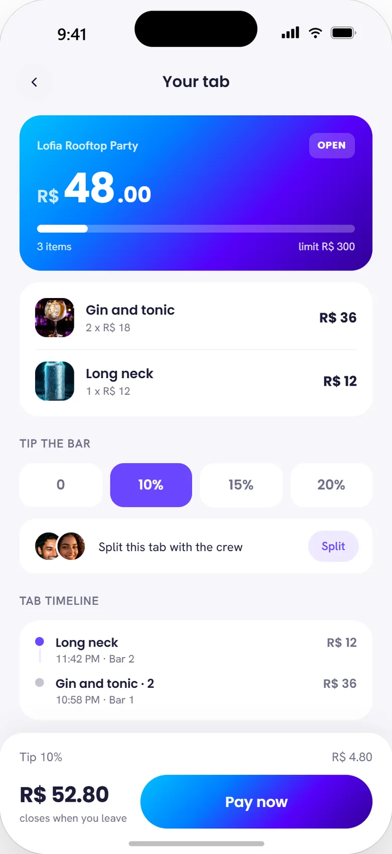 Open tab review: items, tip, split with the crew, pay now