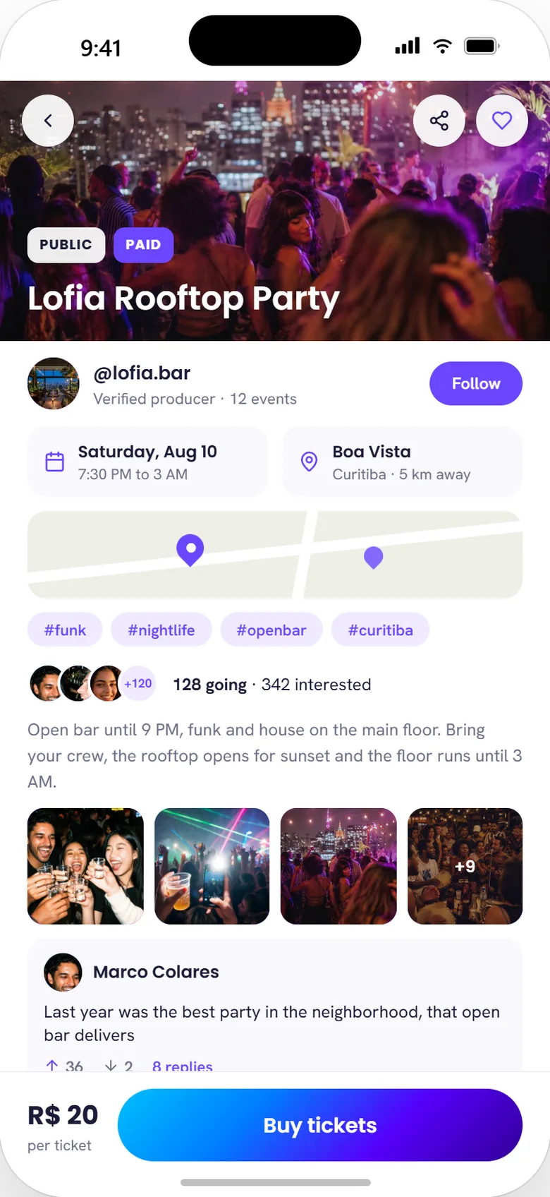 Event page, light theme: Lofia Rooftop Party, verified producer, tags, going/interested, buy bar