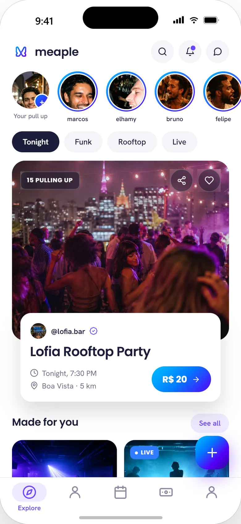 Explore feed, light theme: friend avatars, Momentum card, made-for-you row
