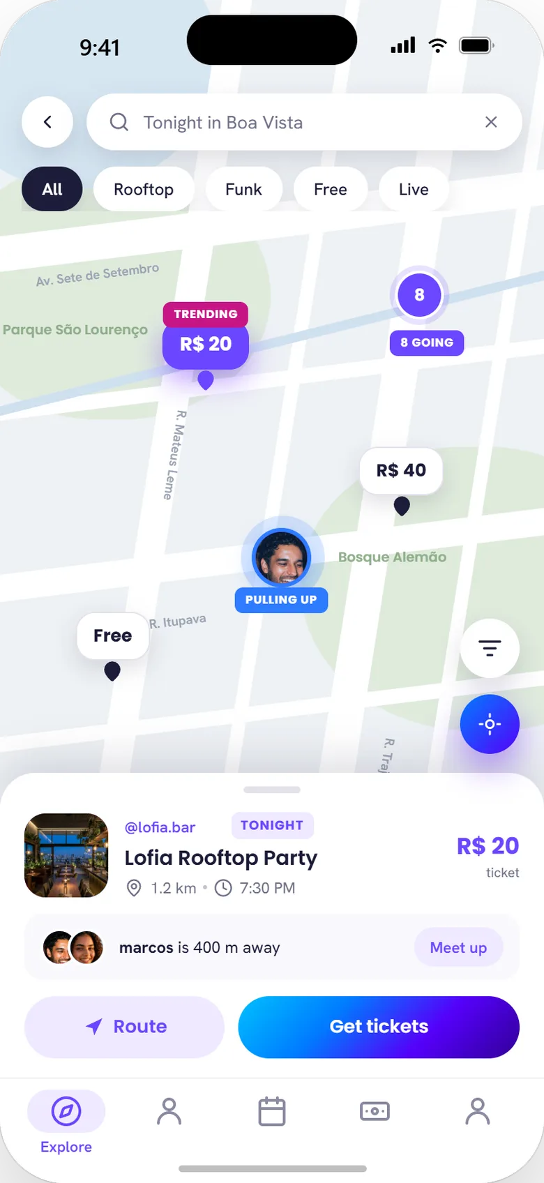 Explore by map: pins sized by interaction volume, tap-to-preview event card