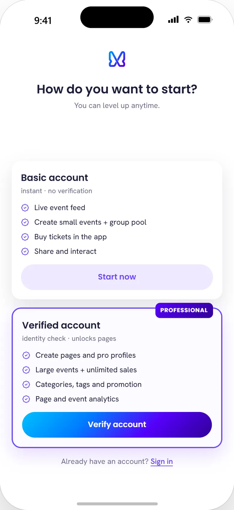 Onboarding fork: Basic account vs Verified professional account
