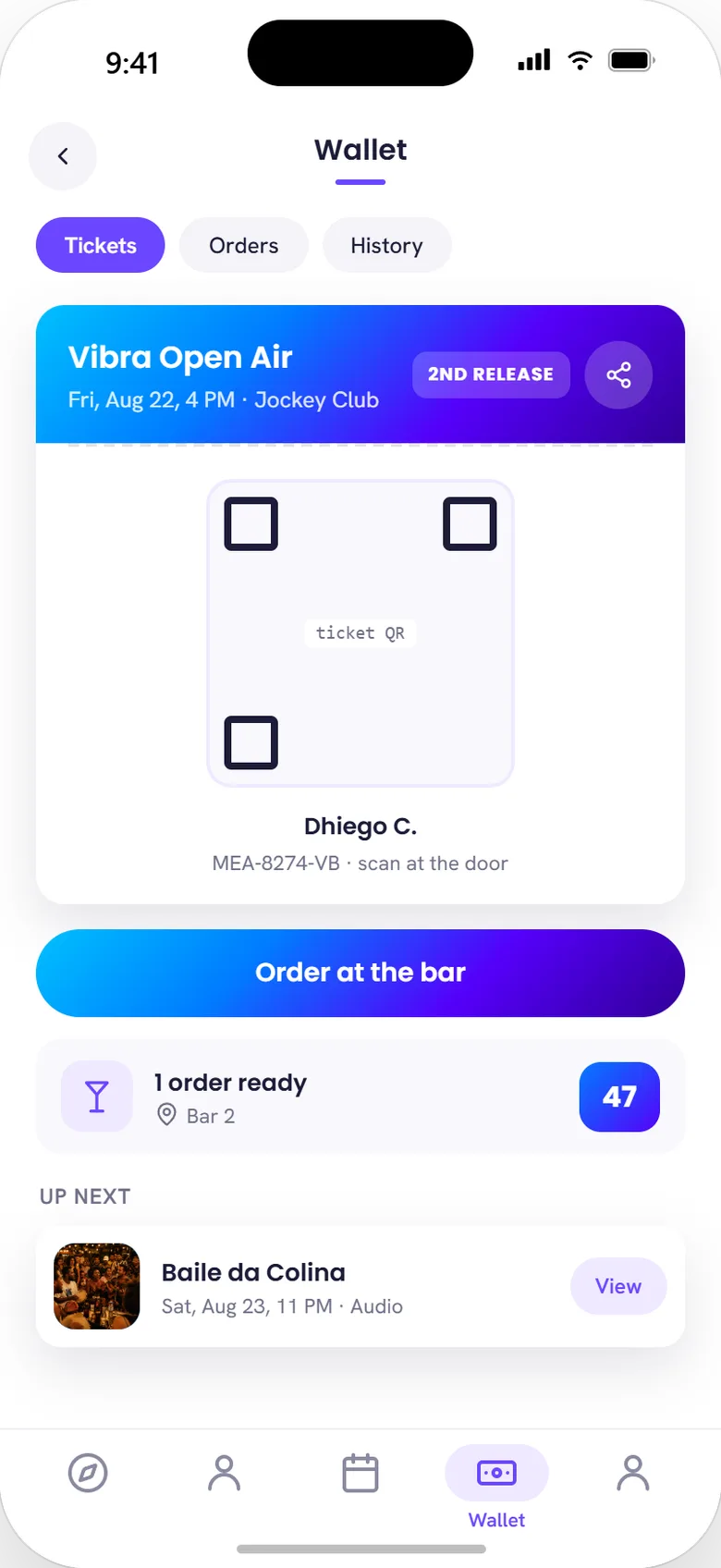 Wallet tab: tickets and orders