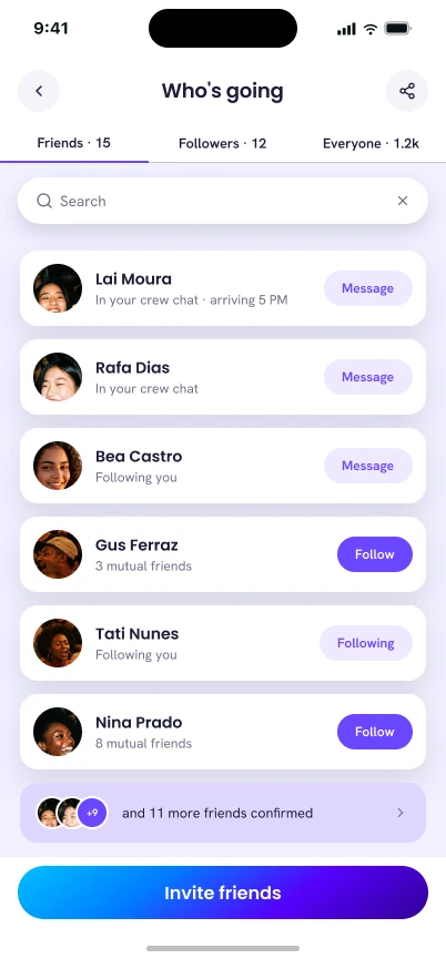 Quem vai: barra de busca, abas Amigos / Seguidores / Todos, ações de mensagem e seguir