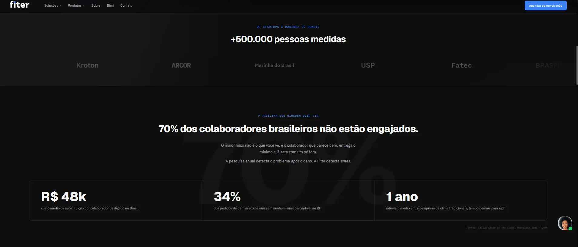 Homepage da Fiter: logos de clientes e selos de imprensa editorial acima da dobra