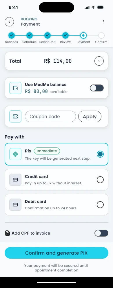 Tela de pagamento com saldo MedMe e seletor de método