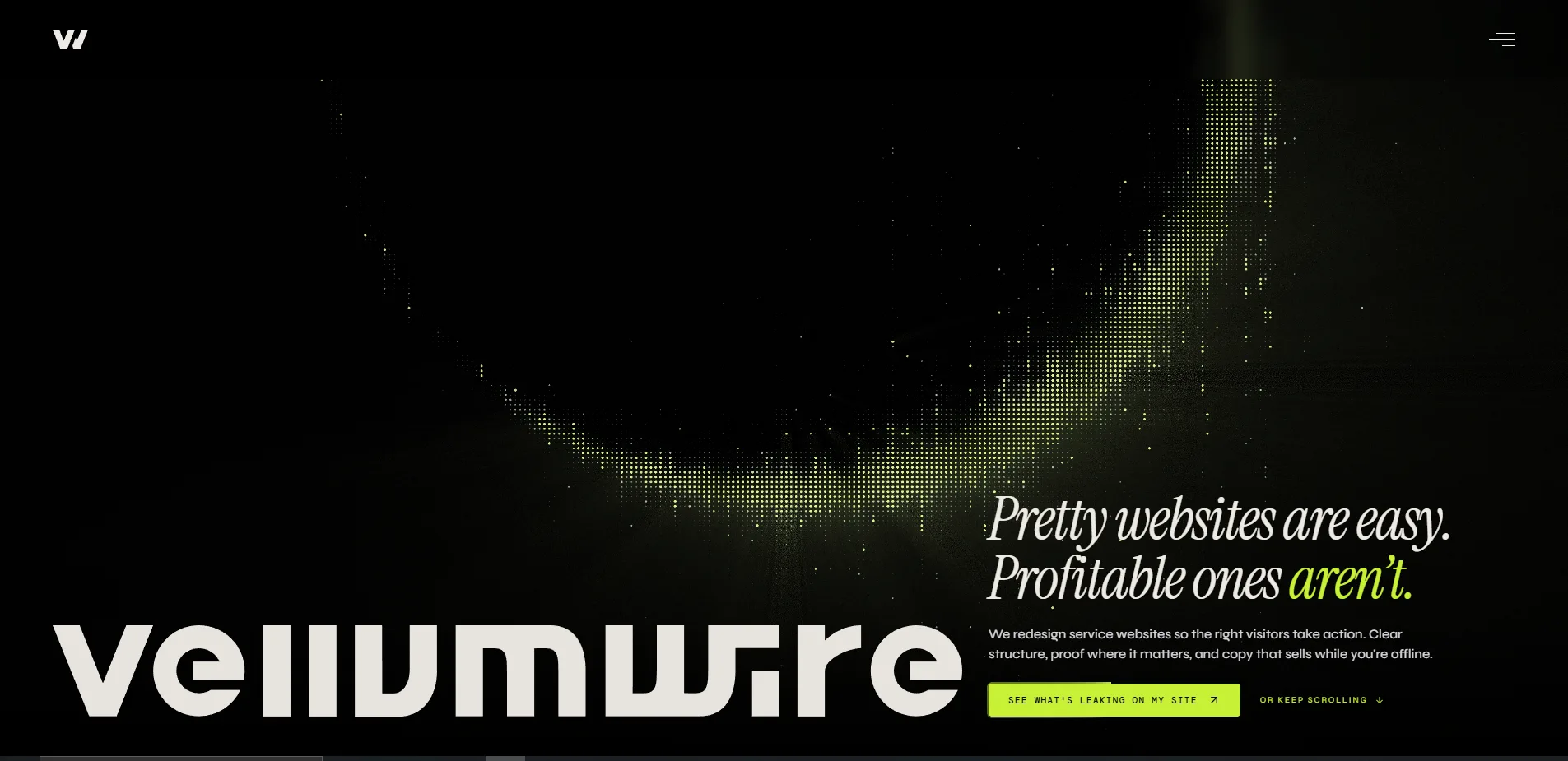 Seção hero da Vellumwire: headline guiado pelo problema, sem portfólio antes da rolagem