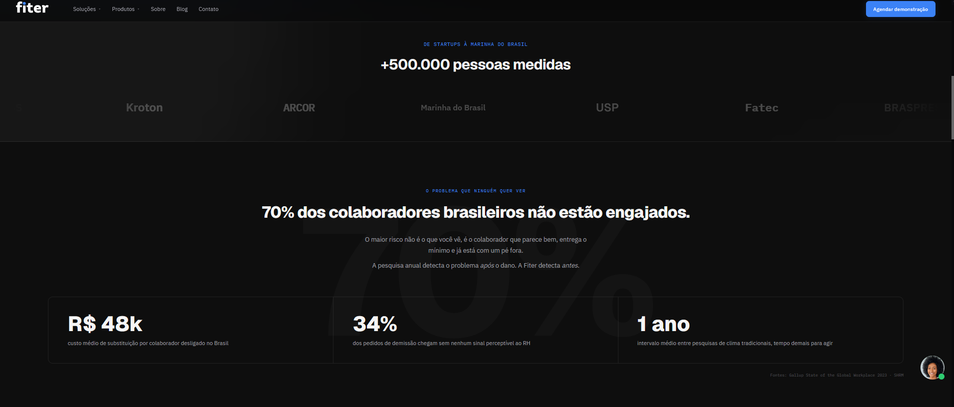 Fiter homepage — client logos and editorial press badges above the fold