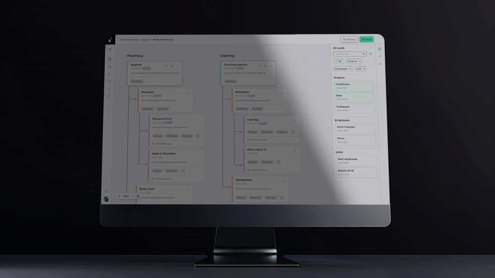 Instivo governed data workspace: hierarchy canvas with rule engine