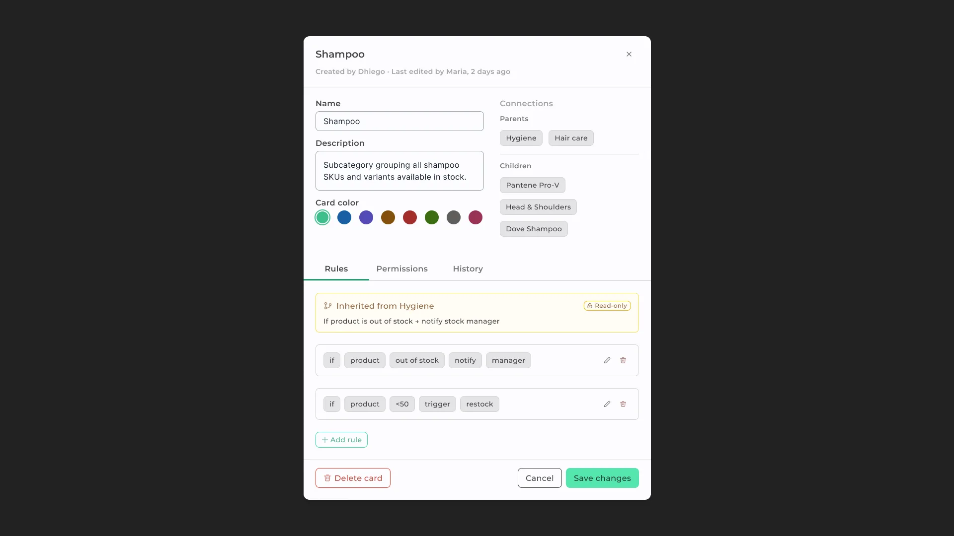 Shampoo card modal with the Rules tab open: an inherited rule from Hygiene flagged read-only, plus two own rules built from if/entity/condition/action chips, each with edit and delete icons