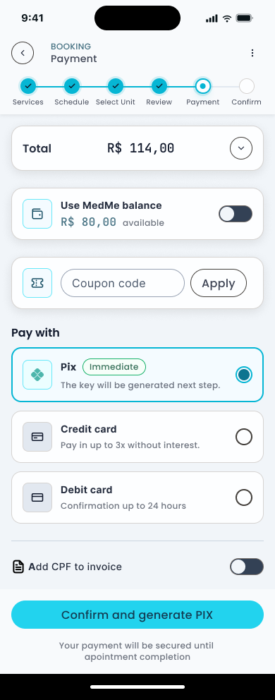 Payment screen with MedMe balance and method selector