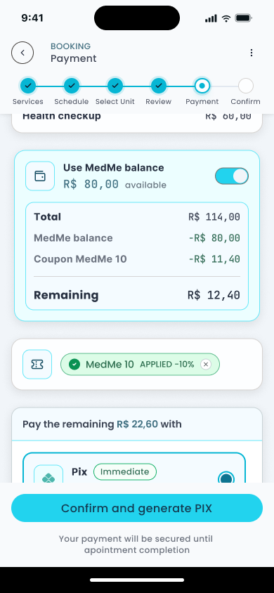 Payment with MedMe balance active and payment method selected for remaining amount