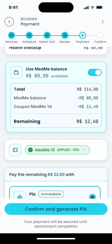 Payment with MedMe balance active and payment method selected for remaining amount