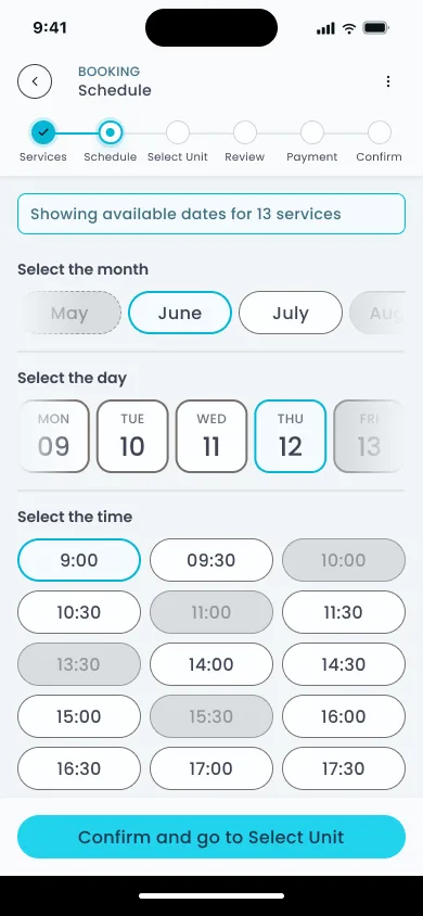 Scheduling complete, time selected and continue button unlocked