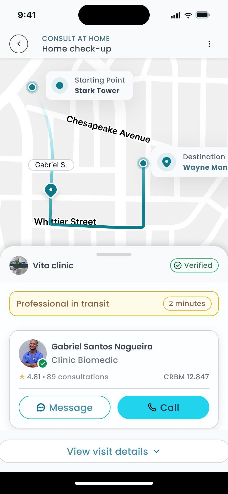 Waiting state with professional en route, credentials visible, status timeline