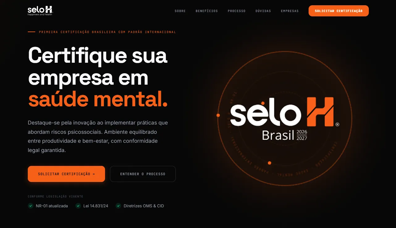 Selo H after rebuild: dark-themed, single CTA, legal compliance references immediately visible, certified company logos before the form