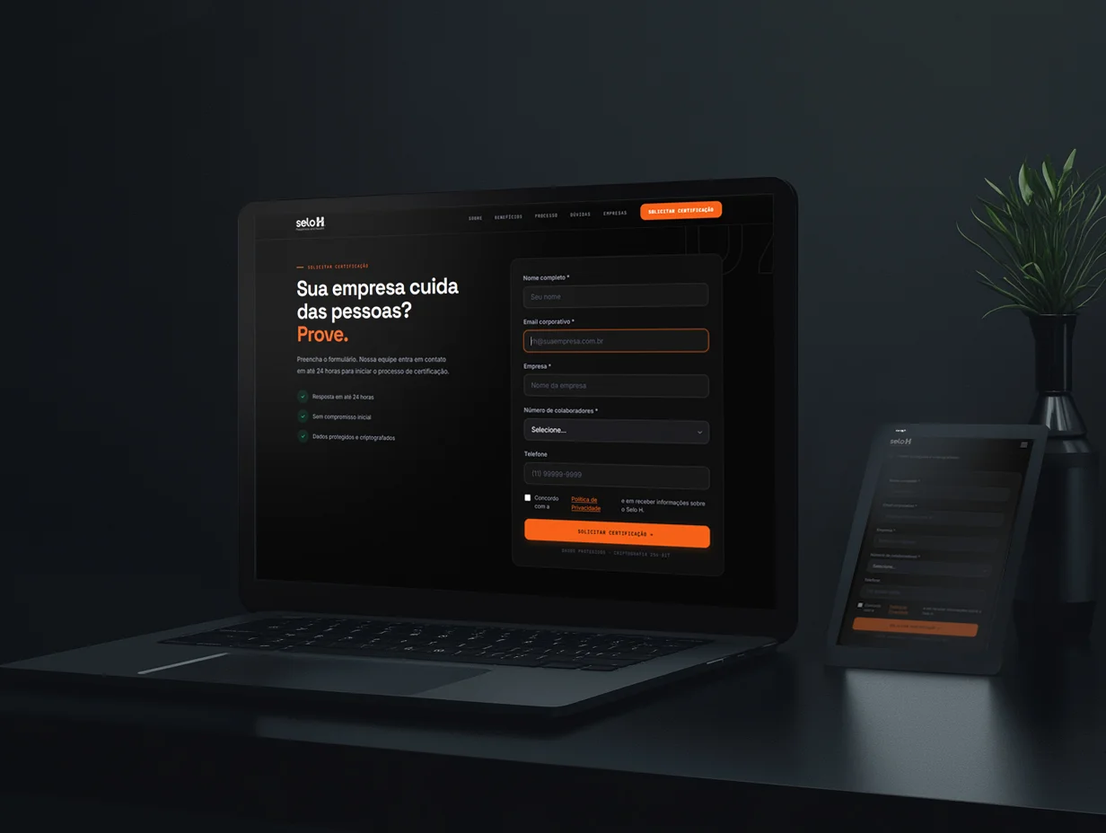Selo H certification request form: single-path lead capture with trust signals, compliance anchors, and responsive layout on laptop and tablet