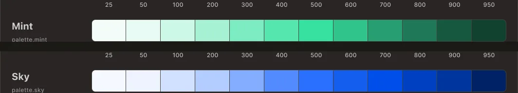 Two of the system's eight color ramps, Mint and Sky, each running from step 25 to 950