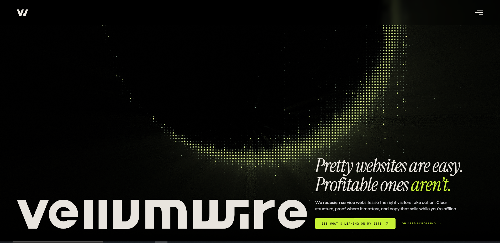 Vellumwire hero section: problem-led headline, no portfolio above the fold